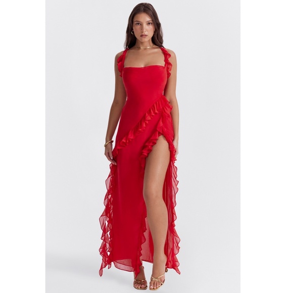 NEW House of CB Ariela Ruffle Maxi Dress Red Rose Cherry Medium - Picture 8 of 17